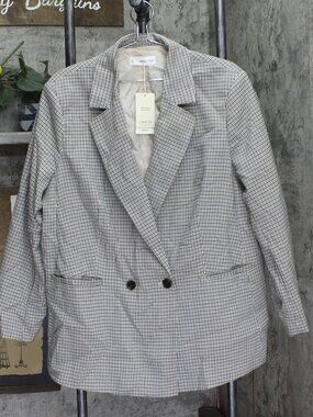 Mango Brown Double Breasted Check Blazer Coat Jacket Charlotte Multi Sz 2XL